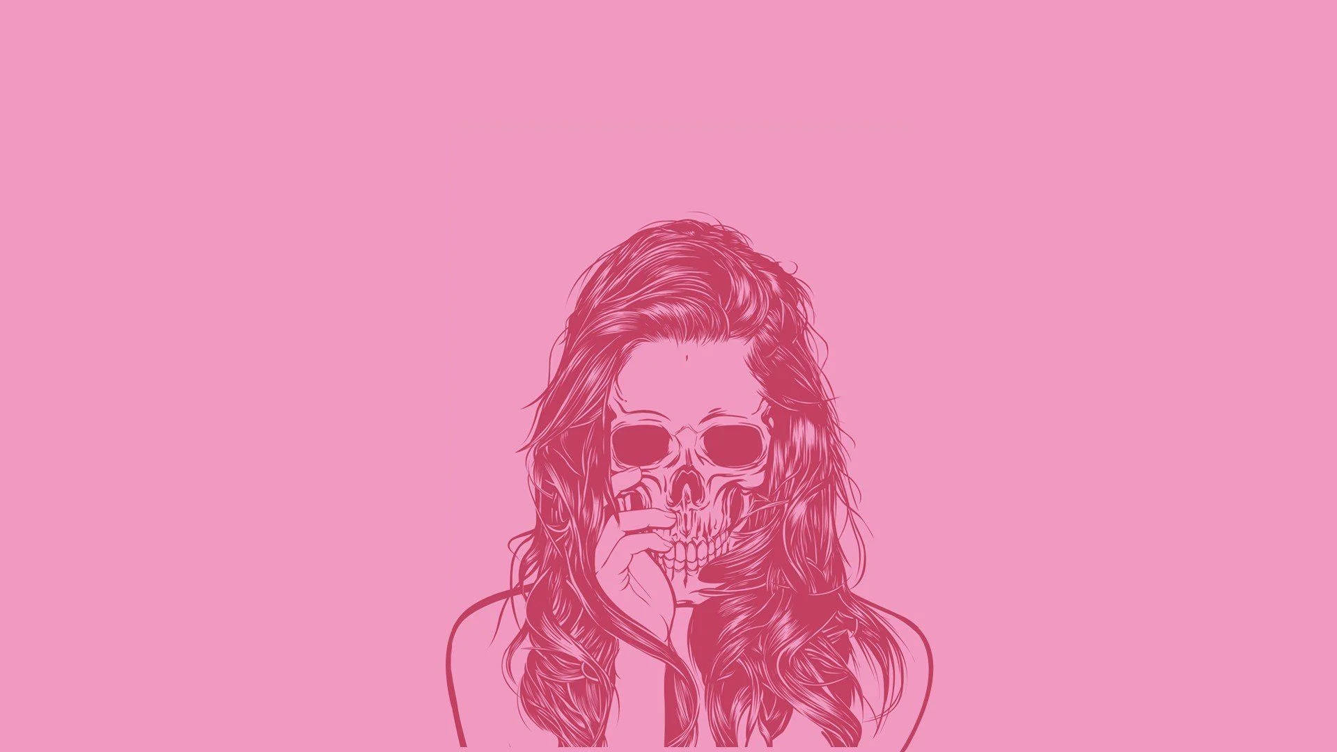 Cute Pink Girl, skull face, pink-toned illustration, Full HD Desktop Wallpaper