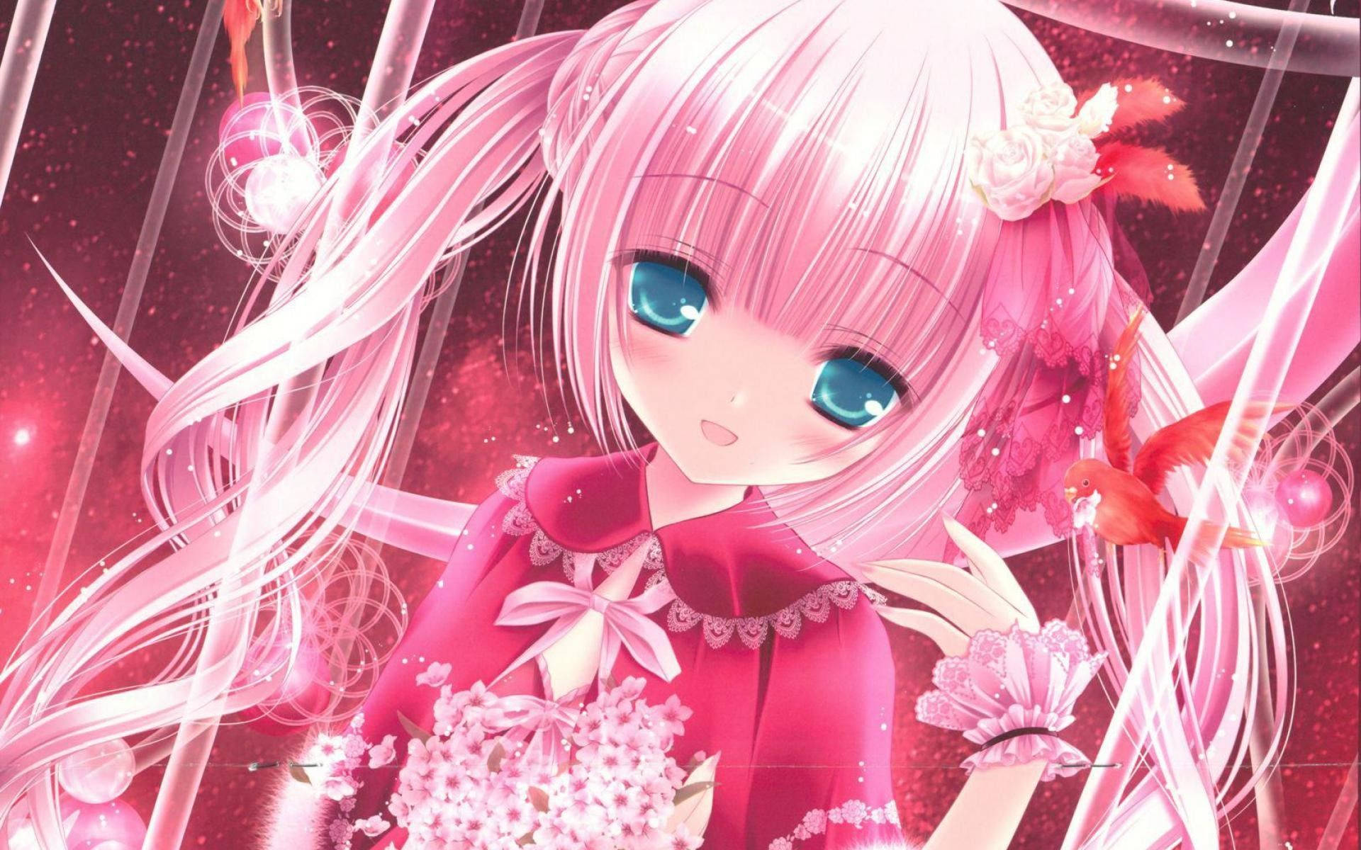 pink-haired anime girl, blue eyes, cherry blossoms, Full HD Desktop Wallpaper