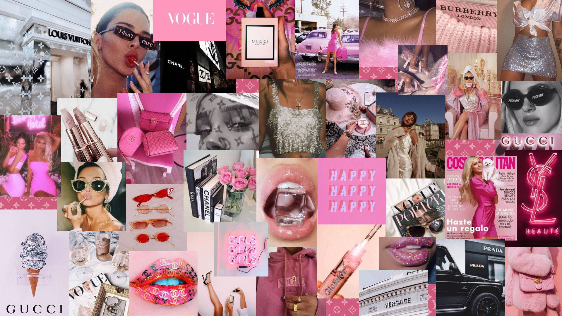 girly pink aesthetic collage, vibrant pink-themed collage, luxury fashion brands, Full HD Desktop Wallpaper