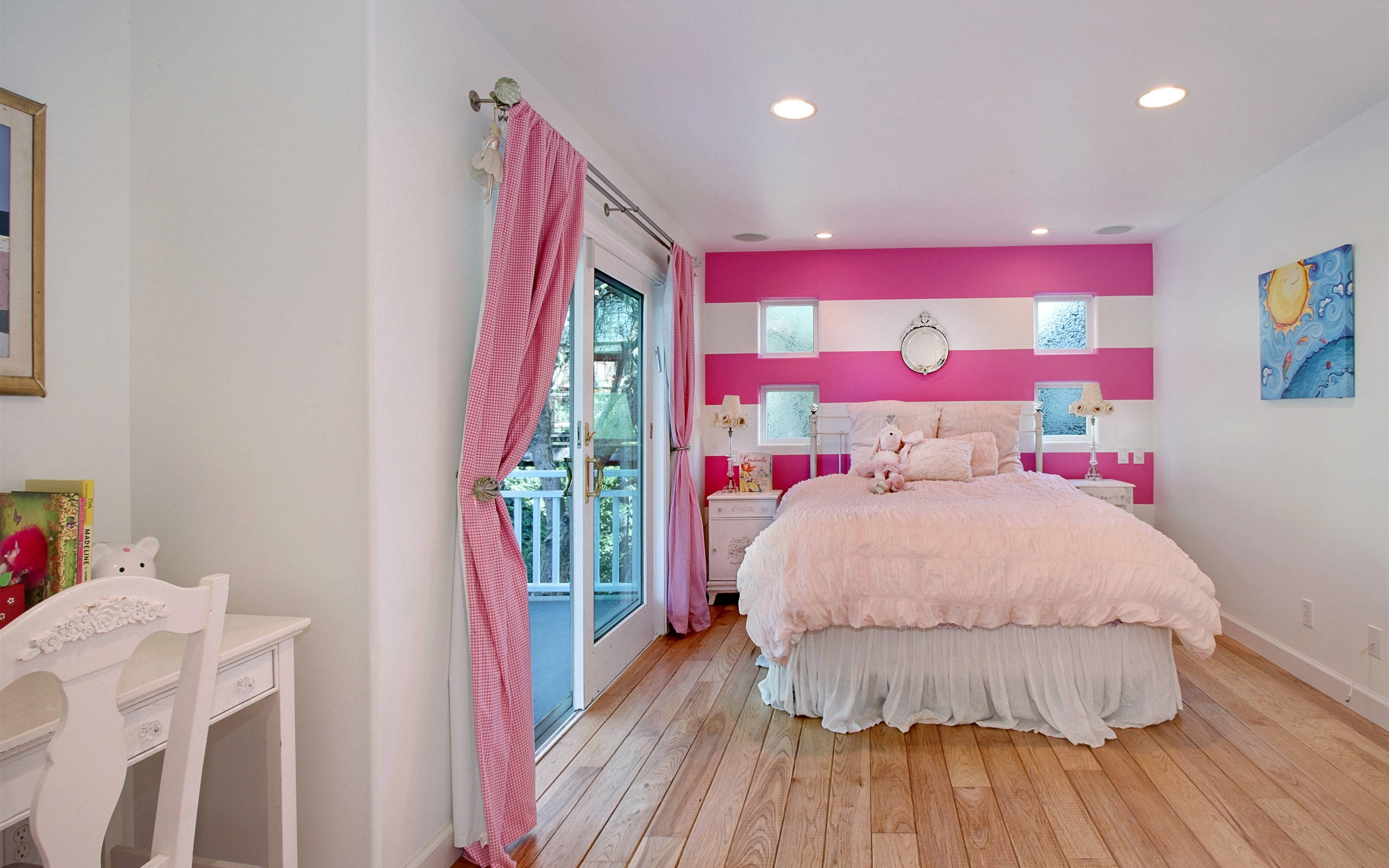 pink and white striped accent wall, cozy bedroom, fluffy pink bedding, 2K Desktop Wallpaper