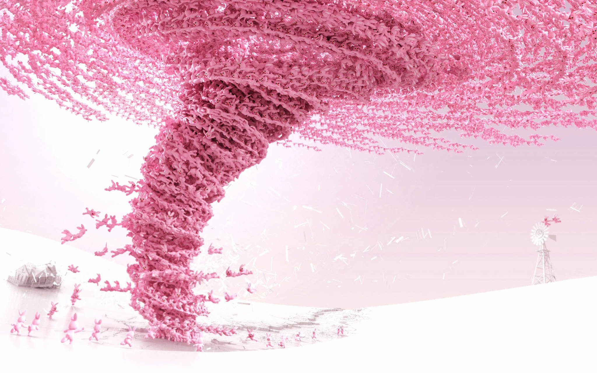 cute pink bunnies tornado, surreal pink tornado, cherry blossoms, Full HD Desktop Wallpaper