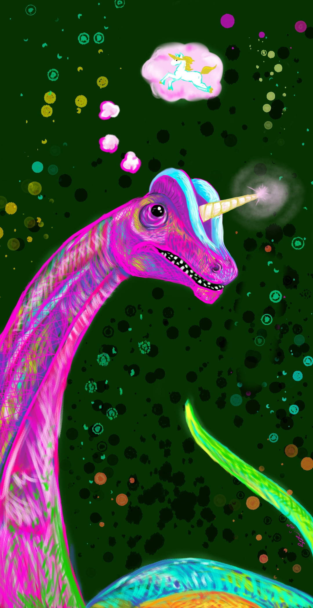 Cute Pink Dinosaur Unicorn, glowing horn, cosmic speckled sky, Full HD Phone Wallpaper
