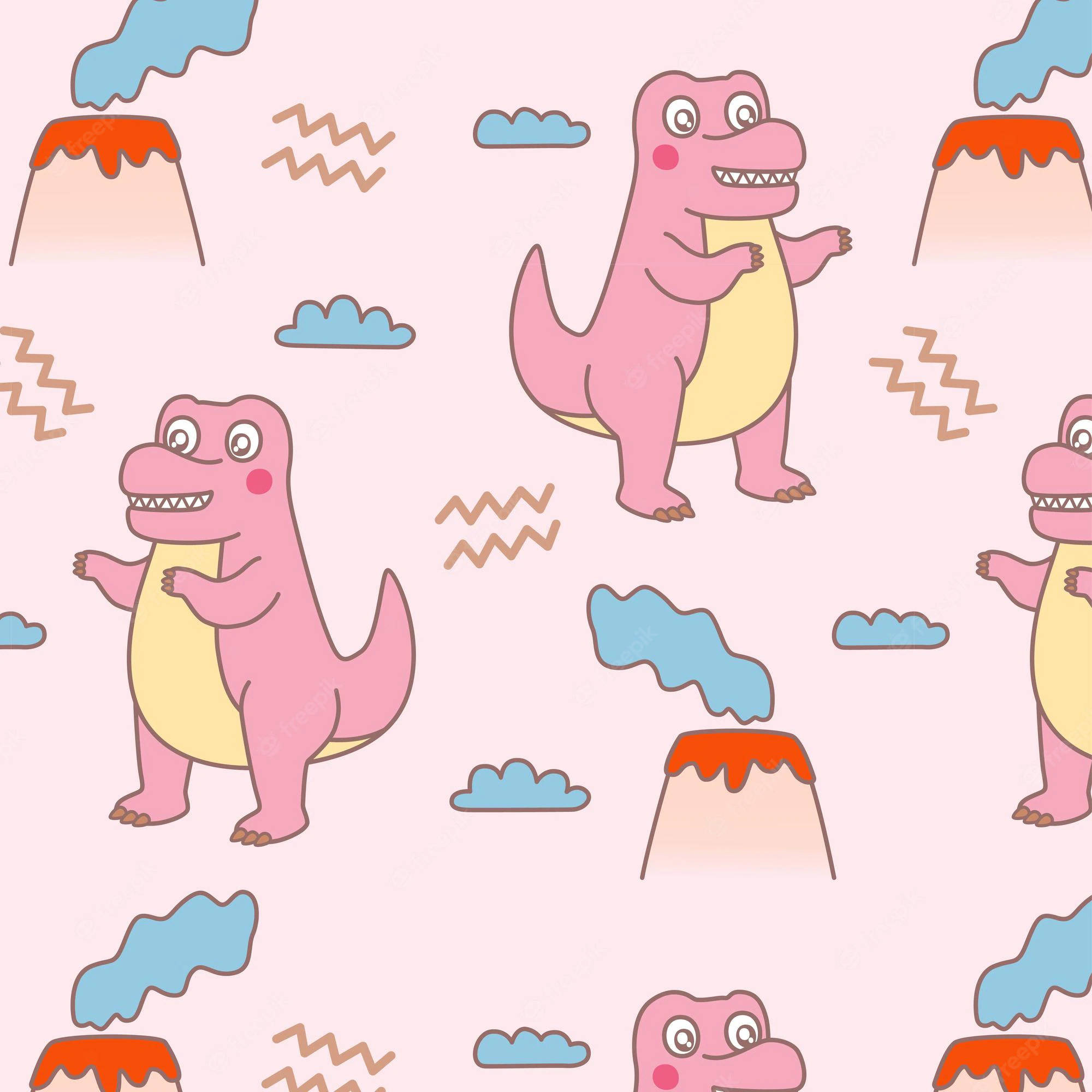 Cute Pink Dinosaur And Volcanoes Pattern, pink cartoon dinosaurs, yellow bellies, Full HD Desktop Wallpaper