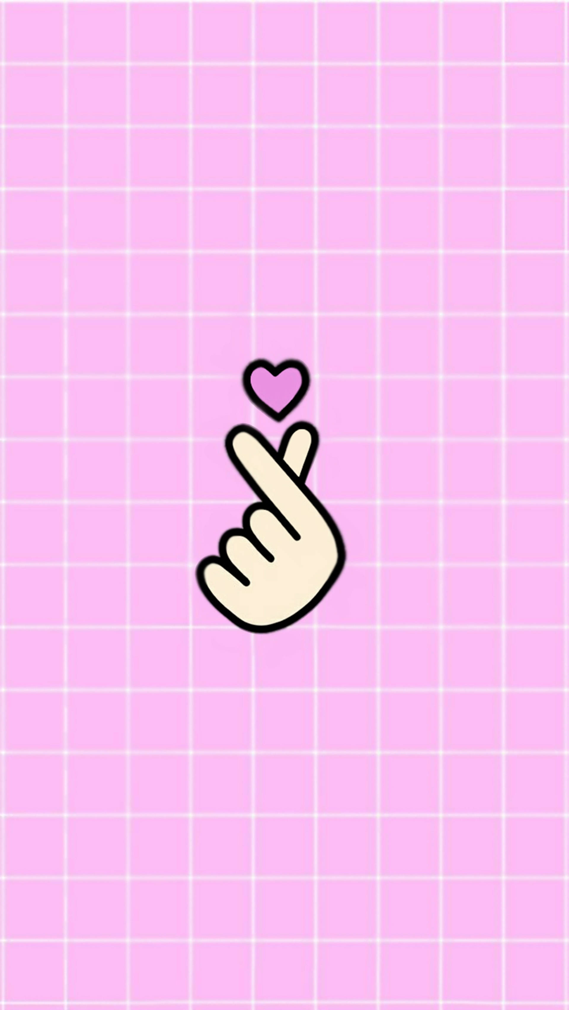 cute pink finger heart, pink heart, soft pink grid background, 2K Phone Wallpaper