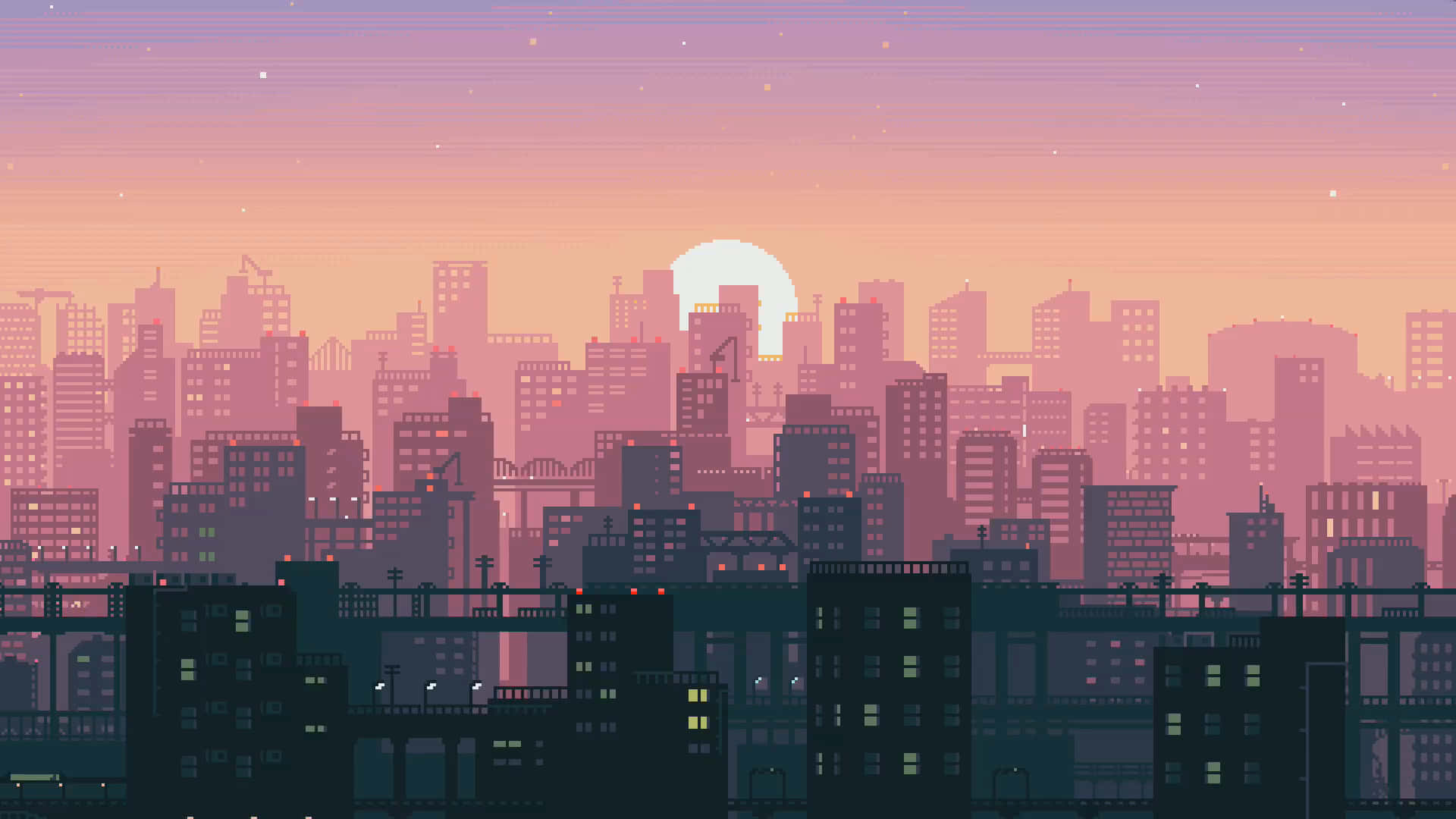 Cute Pixel Desktop, pixel-art city skyline, twilight, Full HD Desktop Wallpaper