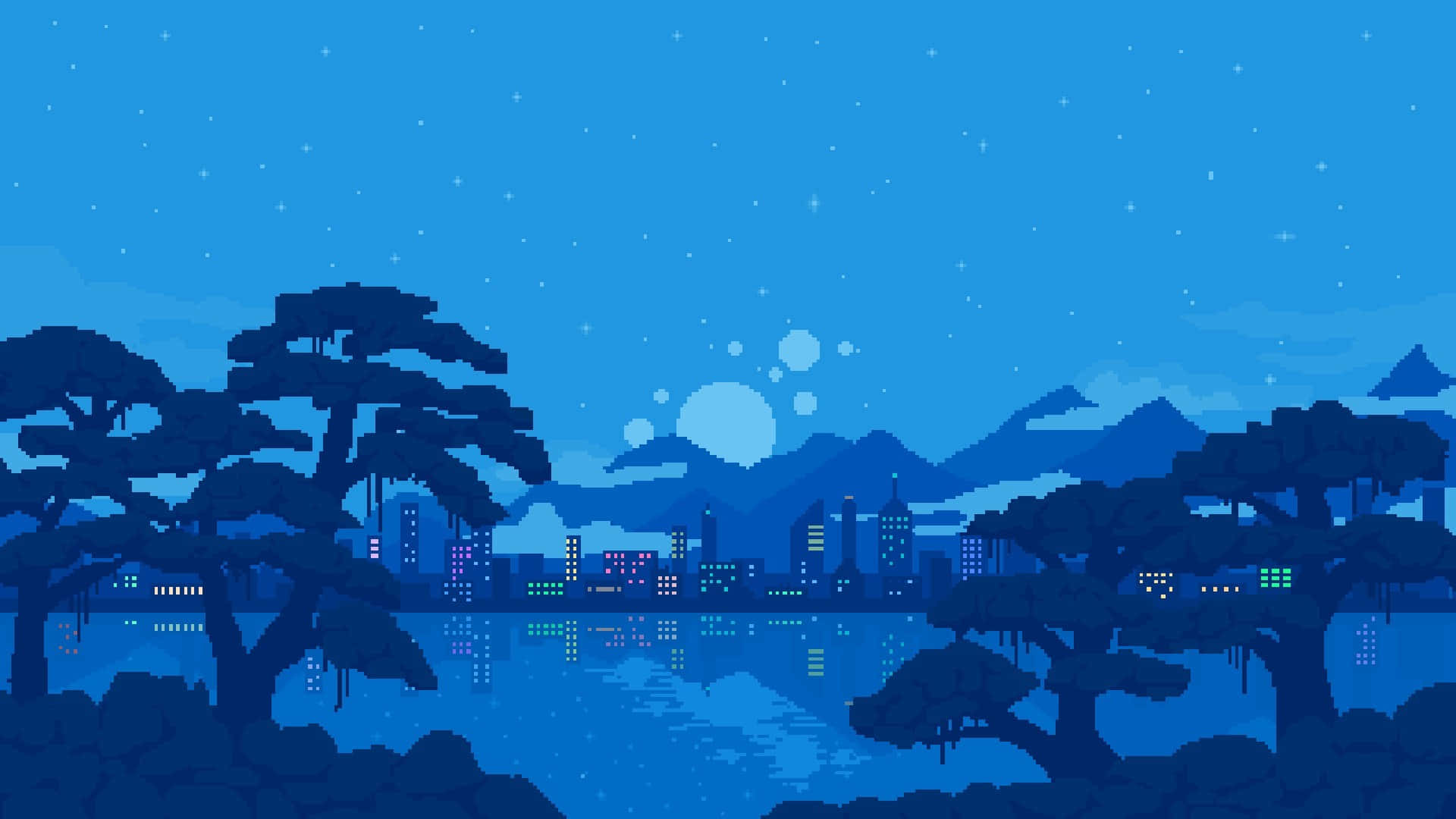Cute Pixel Desktop, nightscape, glowing city lights, Full HD Desktop Wallpaper