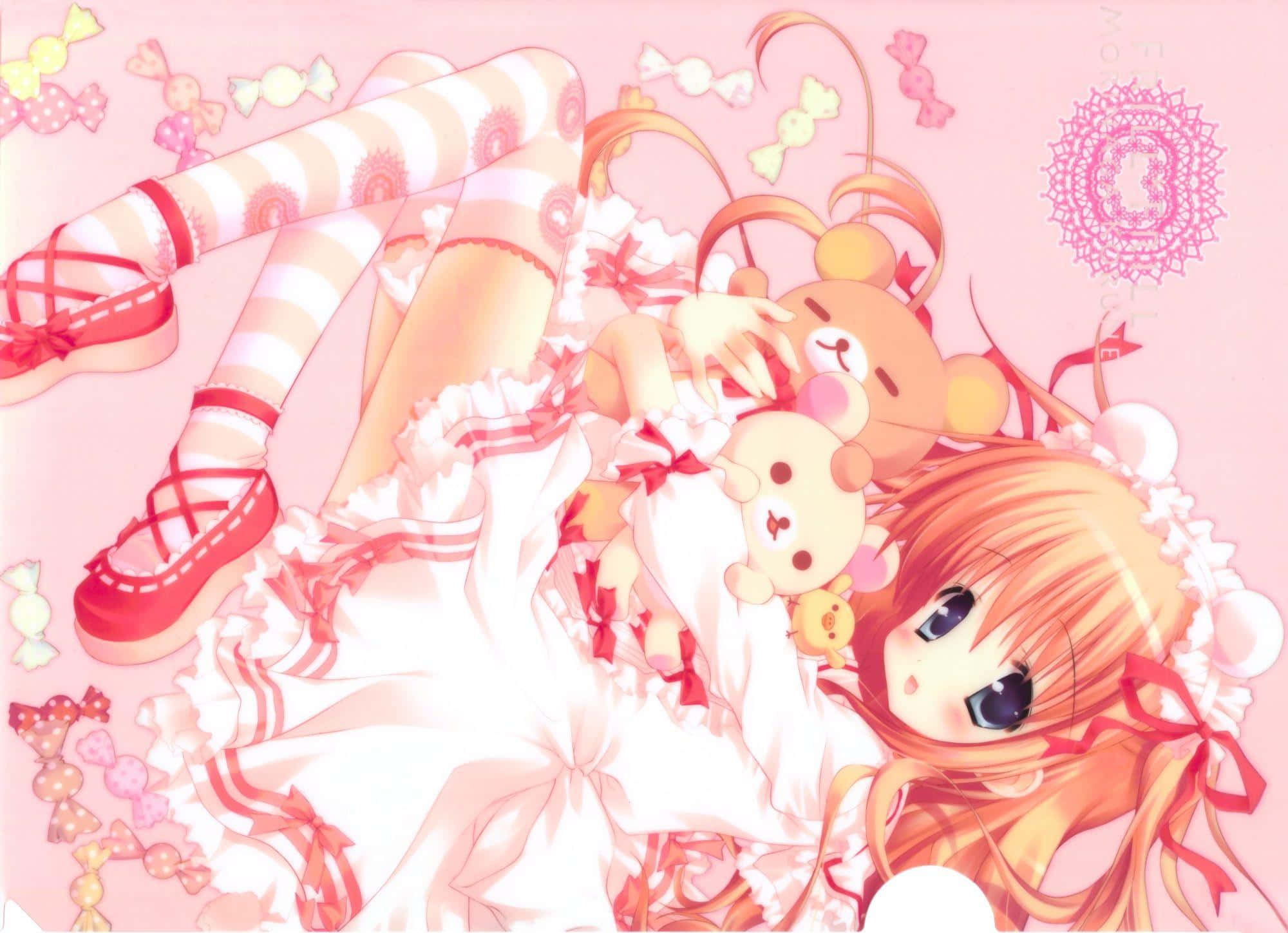 cute anime girl, orange hair, pink room, Full HD Desktop Wallpaper