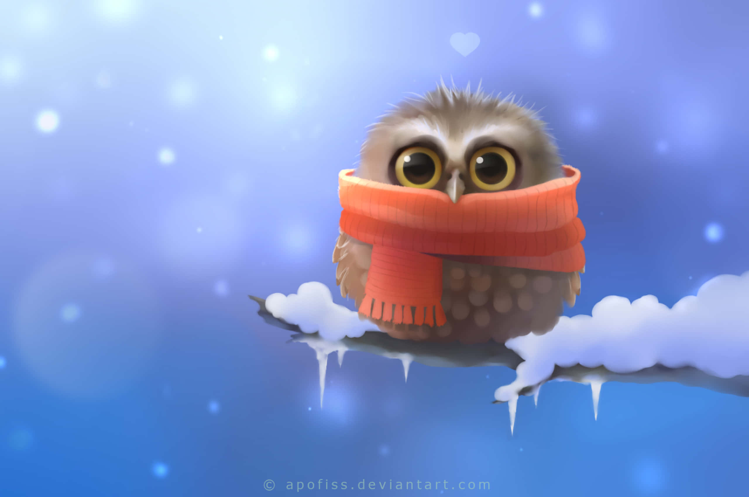 owl, bright orange scarf, snowy branch, 2K Desktop Wallpaper