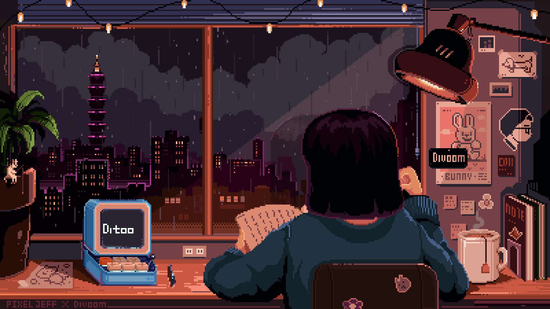 Pixel-art person, desk, window, Full HD Desktop Wallpaper