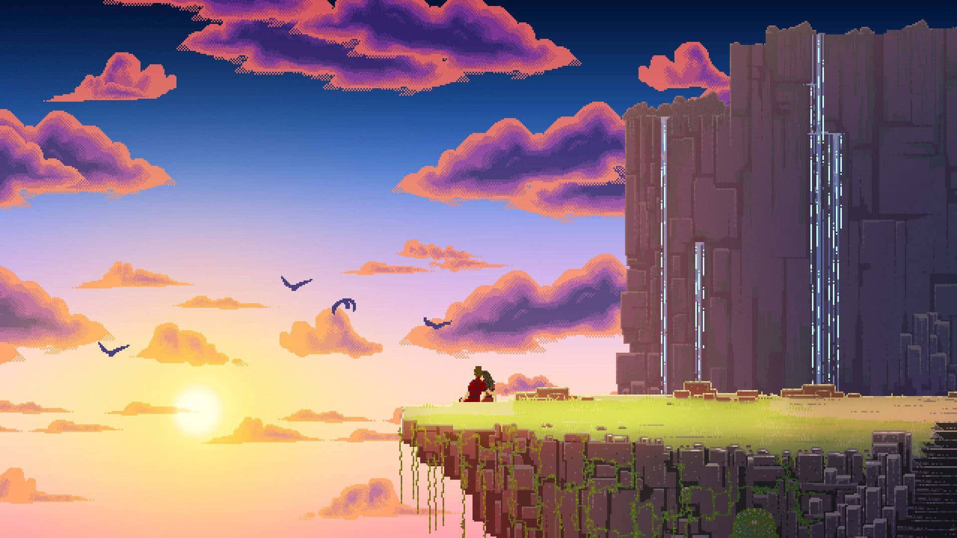 Cute Pixel Desktop, pixel-art, sunset, Full HD Desktop Wallpaper