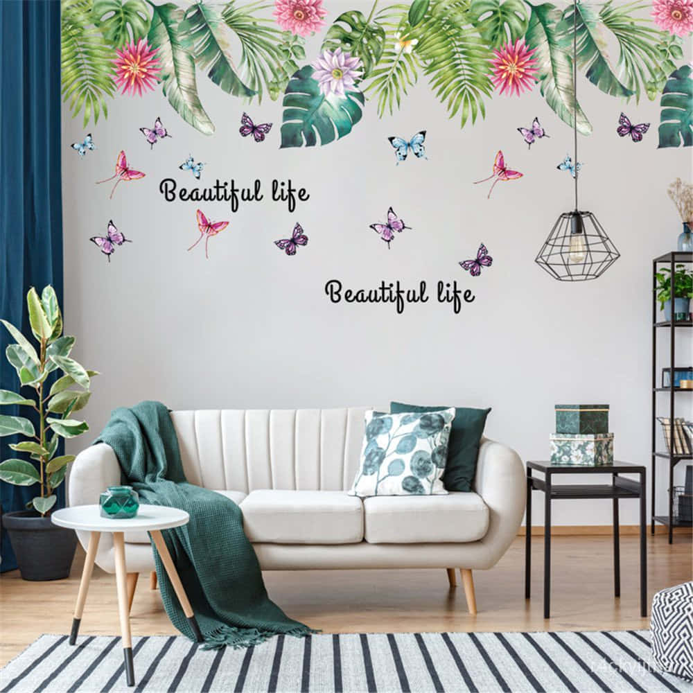 cute plant sticker wall, white sofa, vibrant tropical wallpaper, SD Desktop Wallpaper