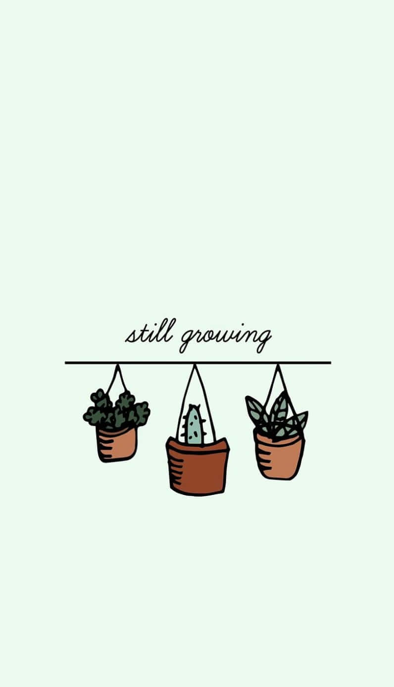 aesthetic growing cute plant art, three hanging potted plants, text still growing, HD Phone Wallpaper