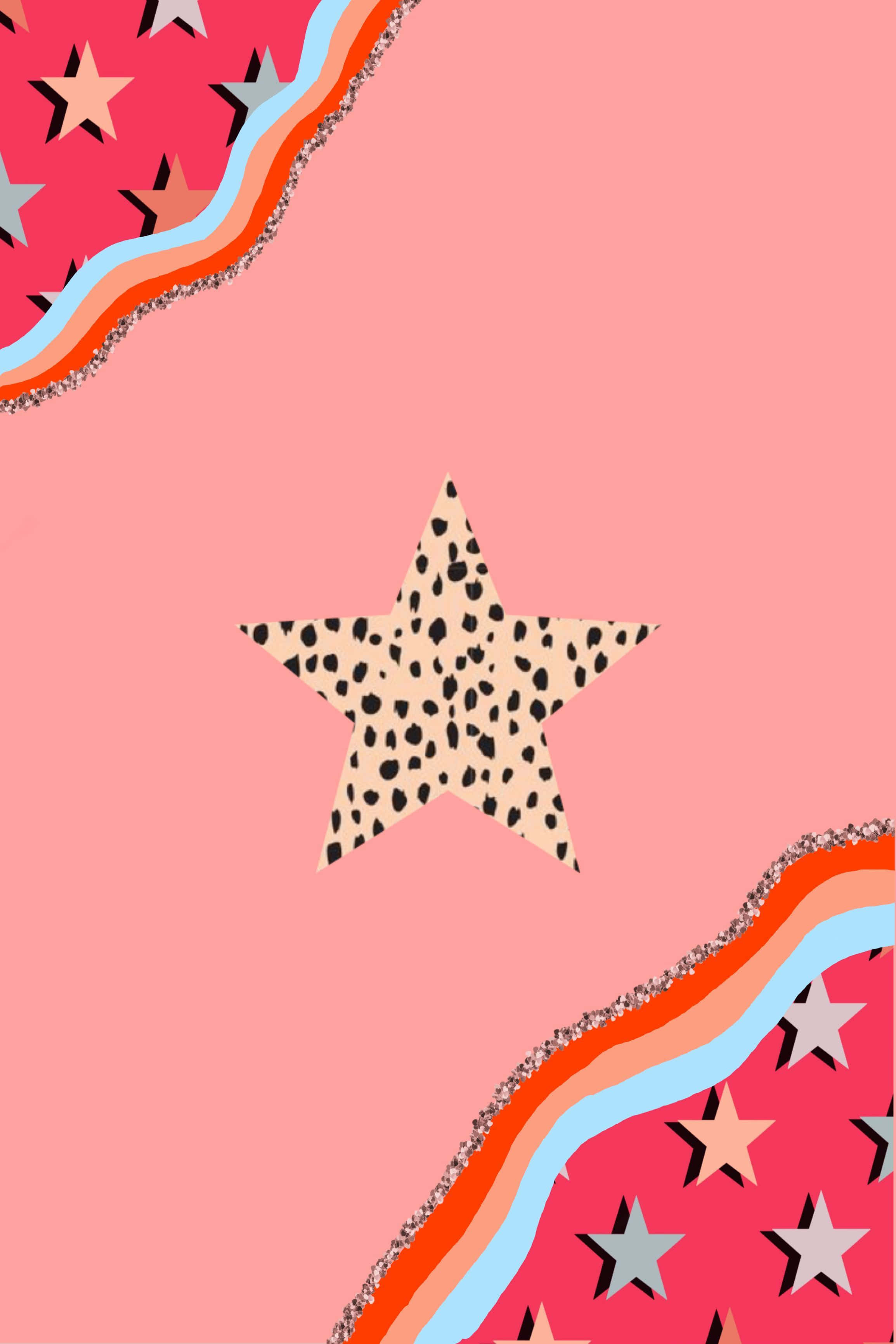 preppy pink starsand stripes artwork, leopard-print star, wavy borders, 2K Phone Wallpaper