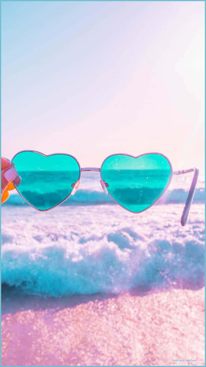 heart shaped sunglasses, turquoise sunglasses, pastel pink and blue ocean wave, SD Phone Wallpaper