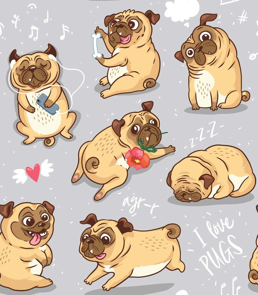 cute pug, playfully illustrated, gray background, SD Phone Wallpaper