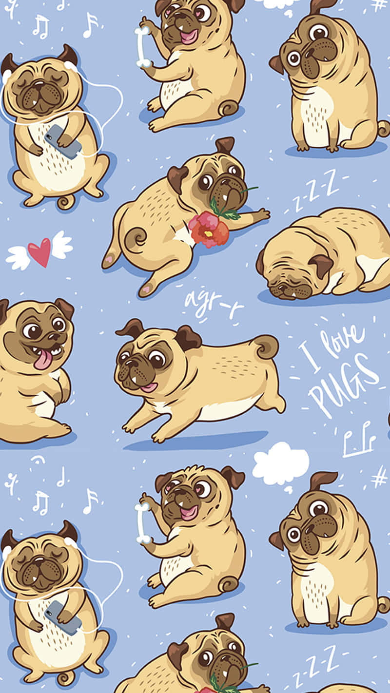 cute pug, cartoon style illustration, light blue background, HD Phone Wallpaper