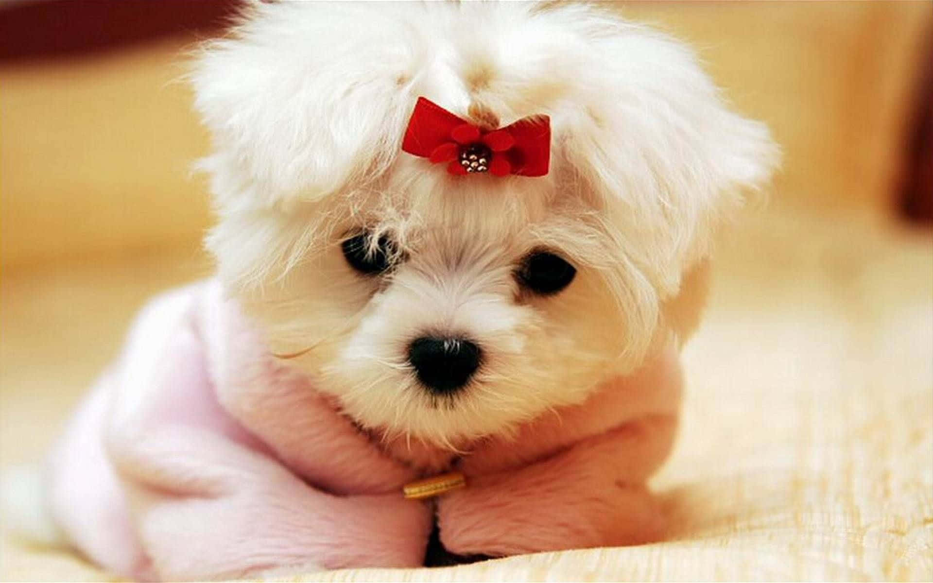 fluffy white puppy, pink coat, red bow, Full HD Desktop Wallpaper