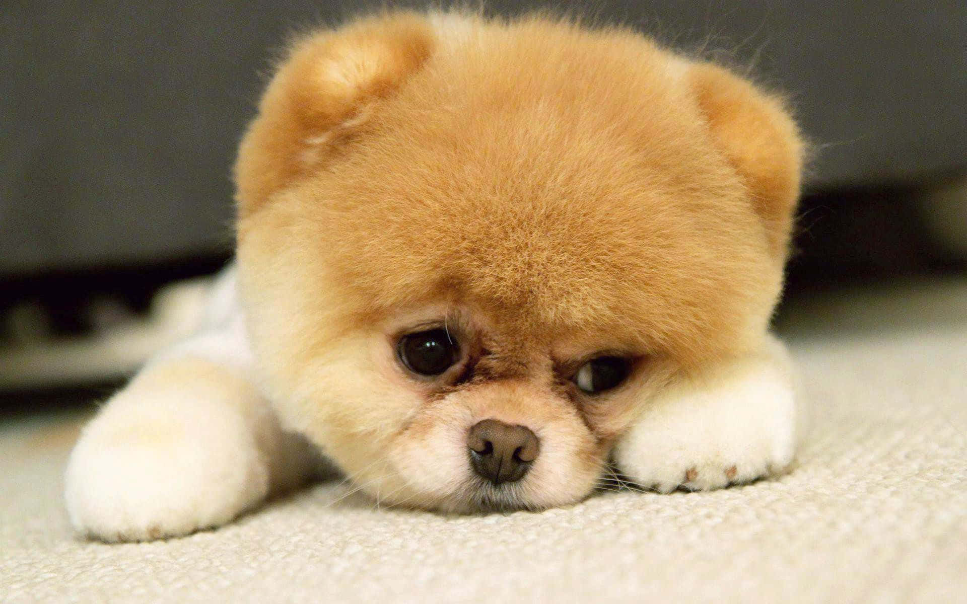 tan and white Pomeranian puppy, beige carpet, soft focused background, Full HD Desktop Wallpaper