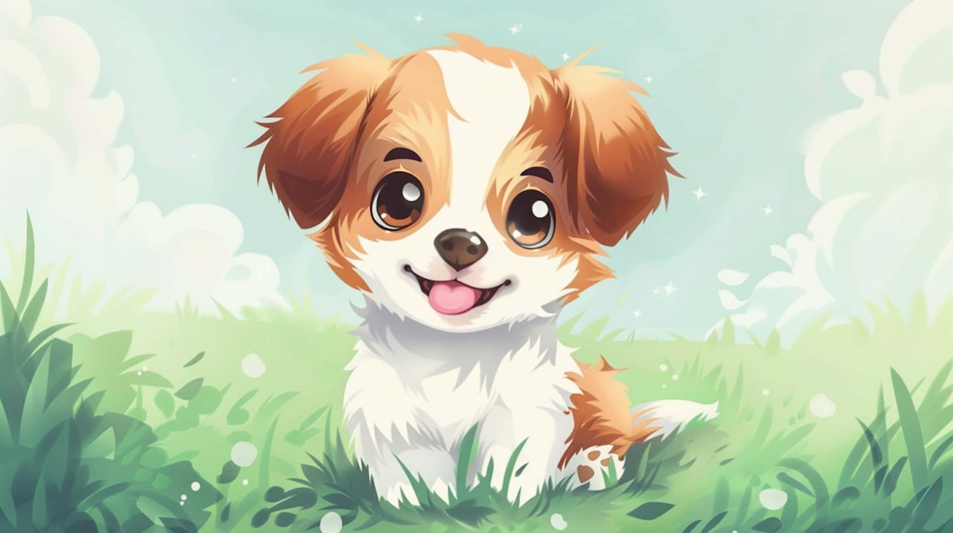 Adorable Anime Puppyin Grass, cartoon puppy, brown and white fur, Full HD Desktop Wallpaper