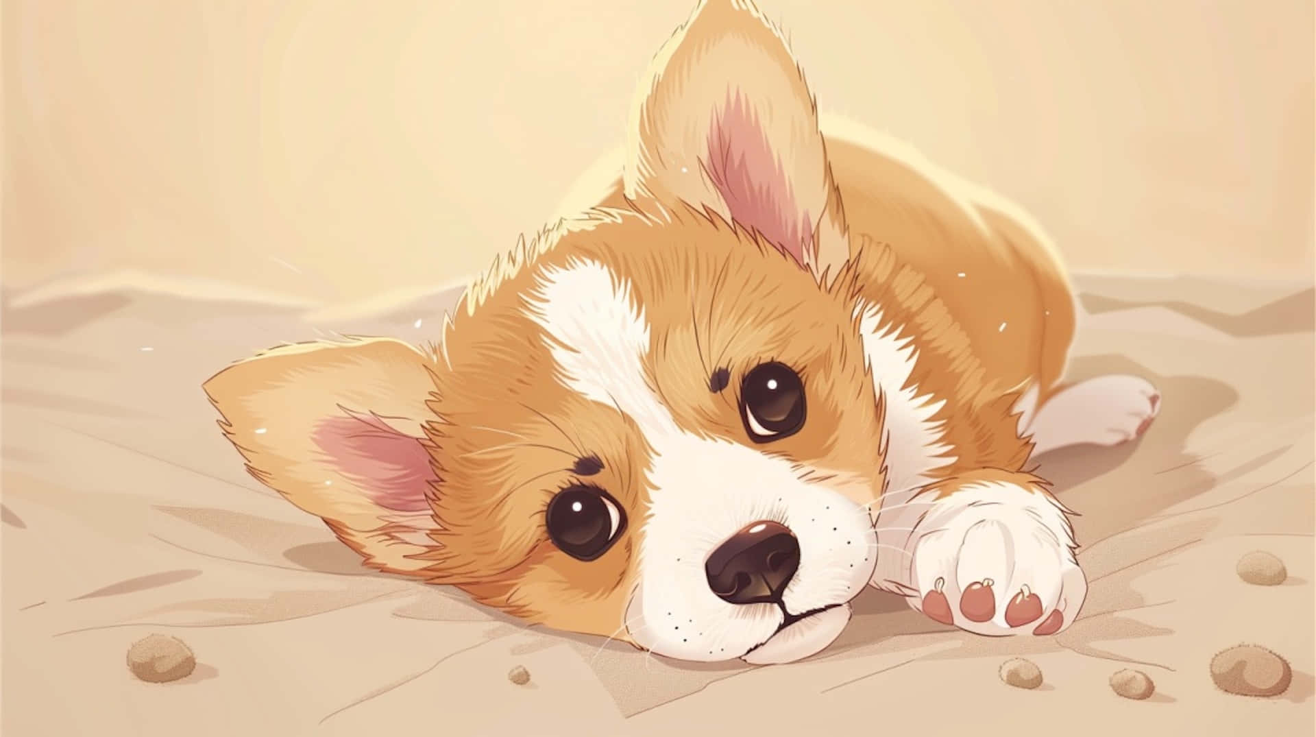 anime corgi puppy, big eyes, sandy ground, Full HD Desktop Wallpaper