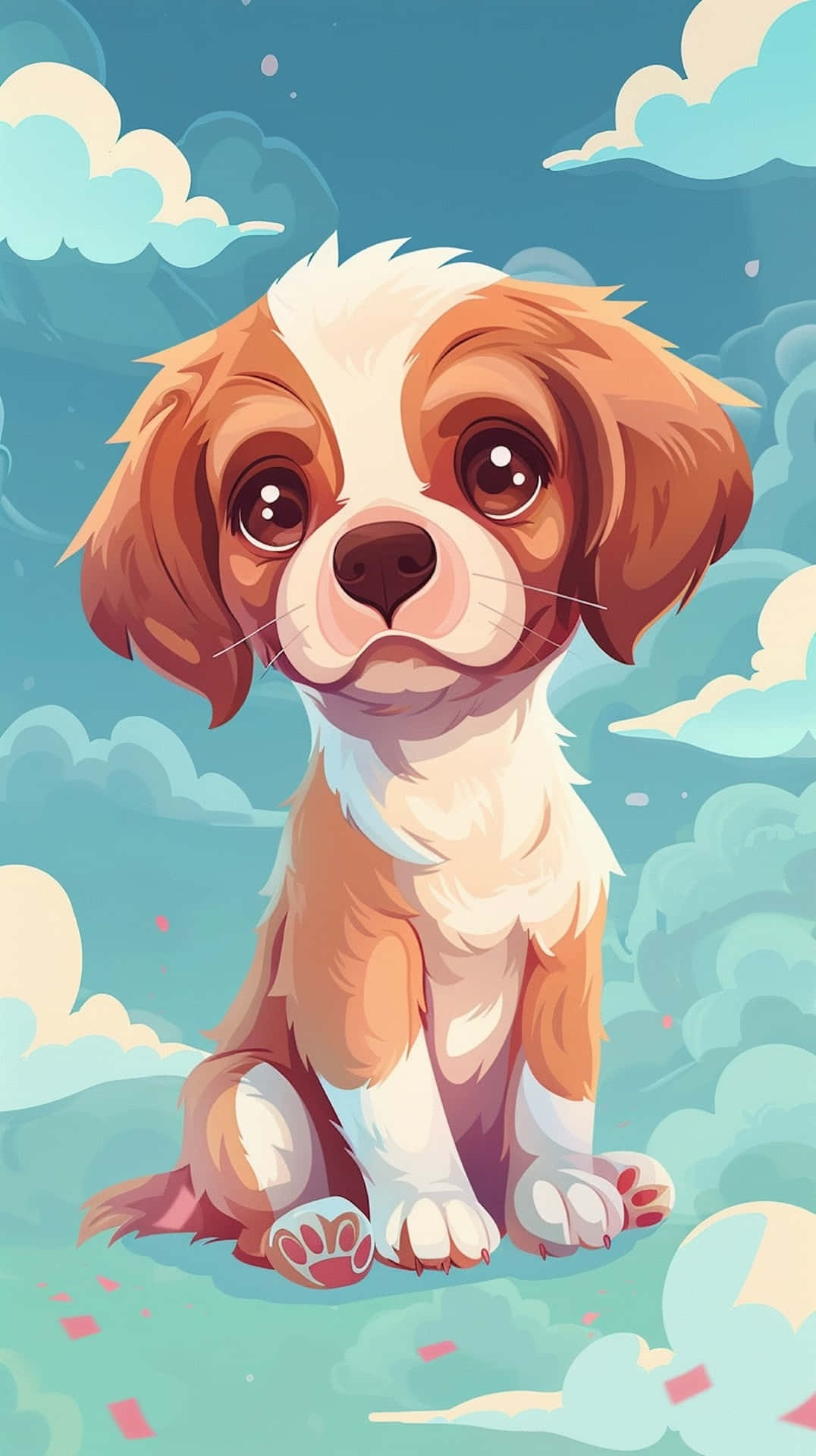 anime puppy, brown and white puppy, fluffy clouds, Full HD Phone Wallpaper