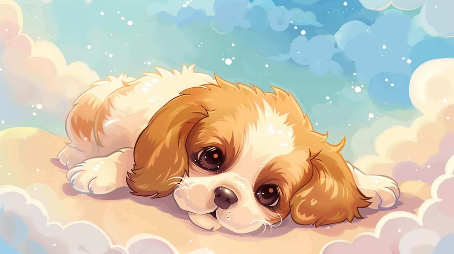 Adorable Anime Puppy Clouds Background.JPG, cute fluffy puppy, big brown eyes, Full HD Desktop Wallpaper