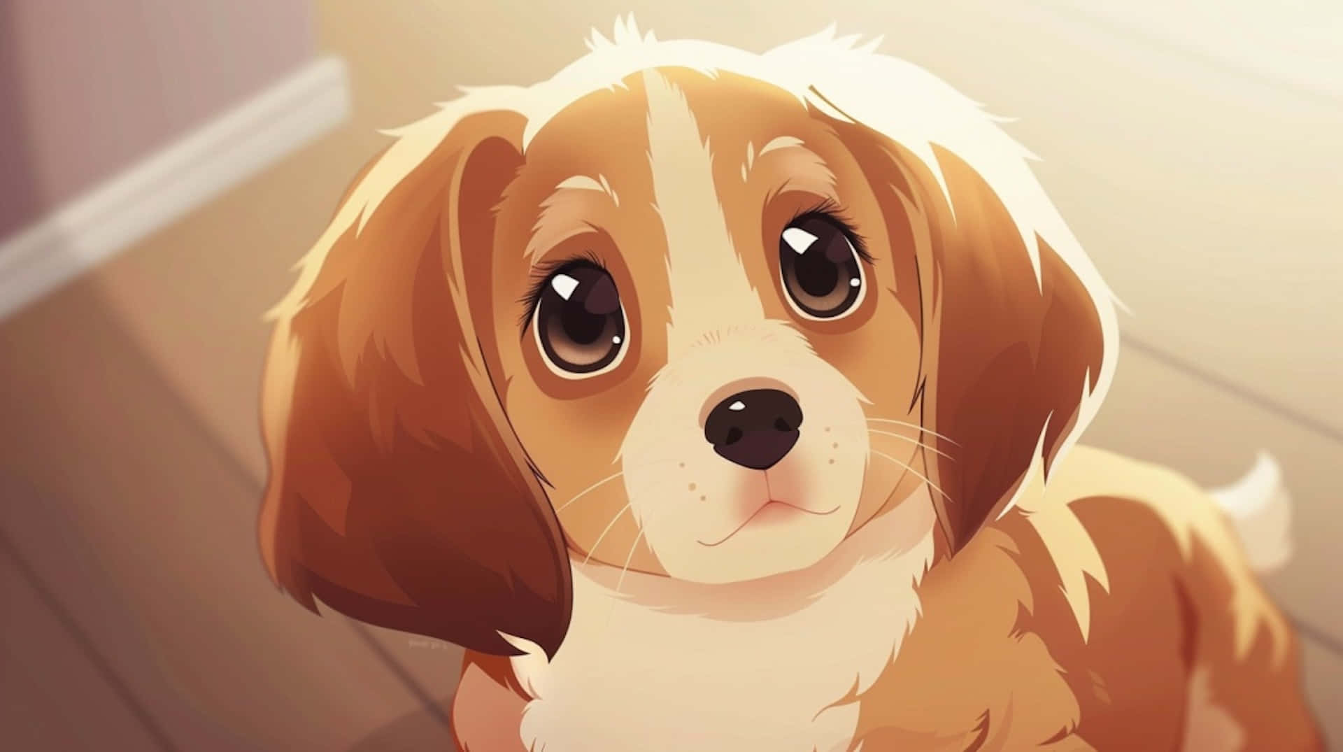 anime puppy, brown and white fur, big shiny eyes, Full HD Desktop Wallpaper