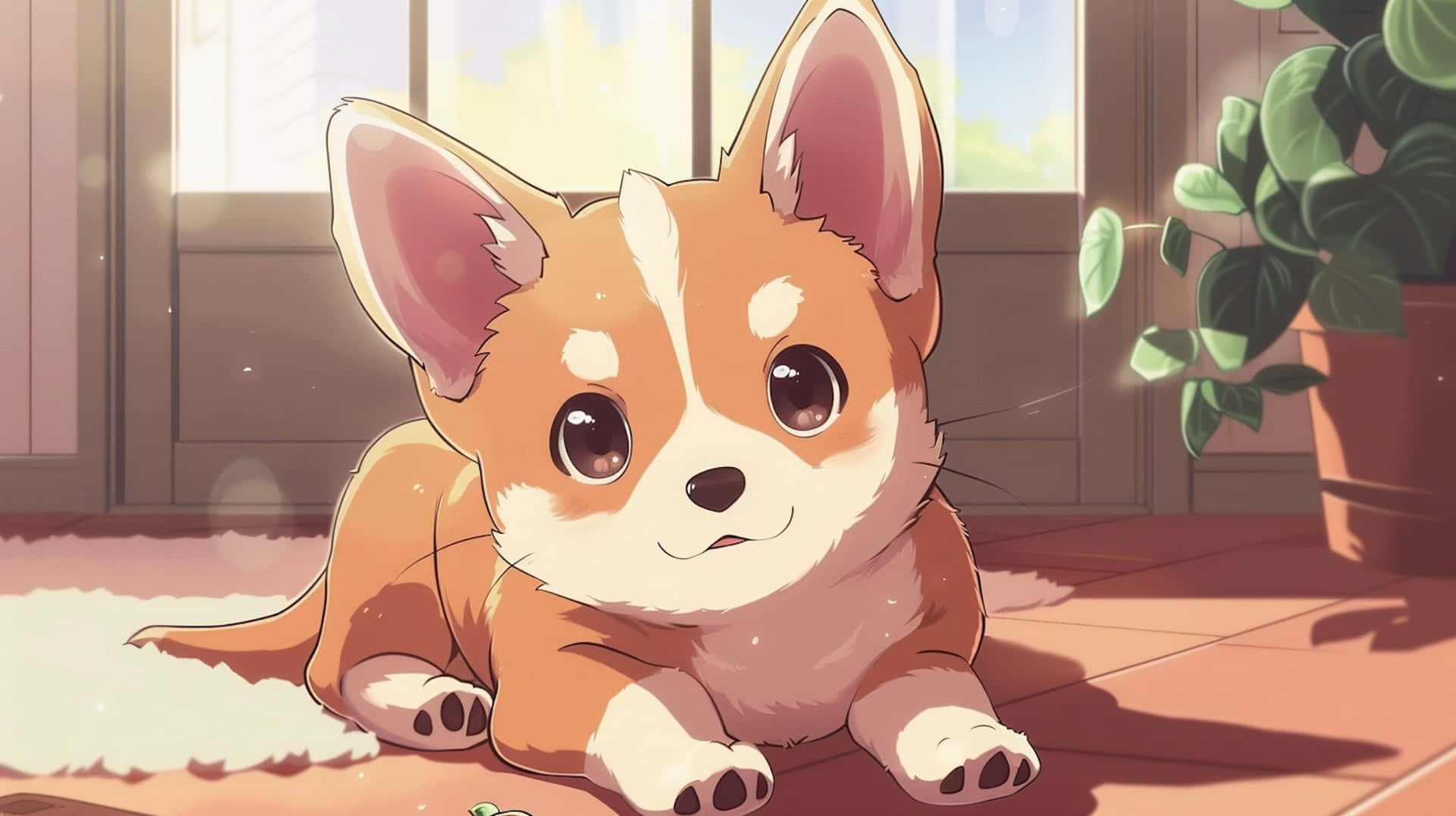 anime-style corgi puppy, big brown eyes, rug, Full HD Desktop Wallpaper