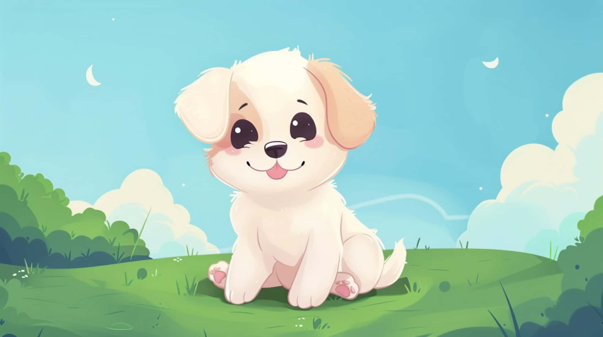 anime puppy, fluffy white puppy, grassy hill, Full HD Desktop Wallpaper