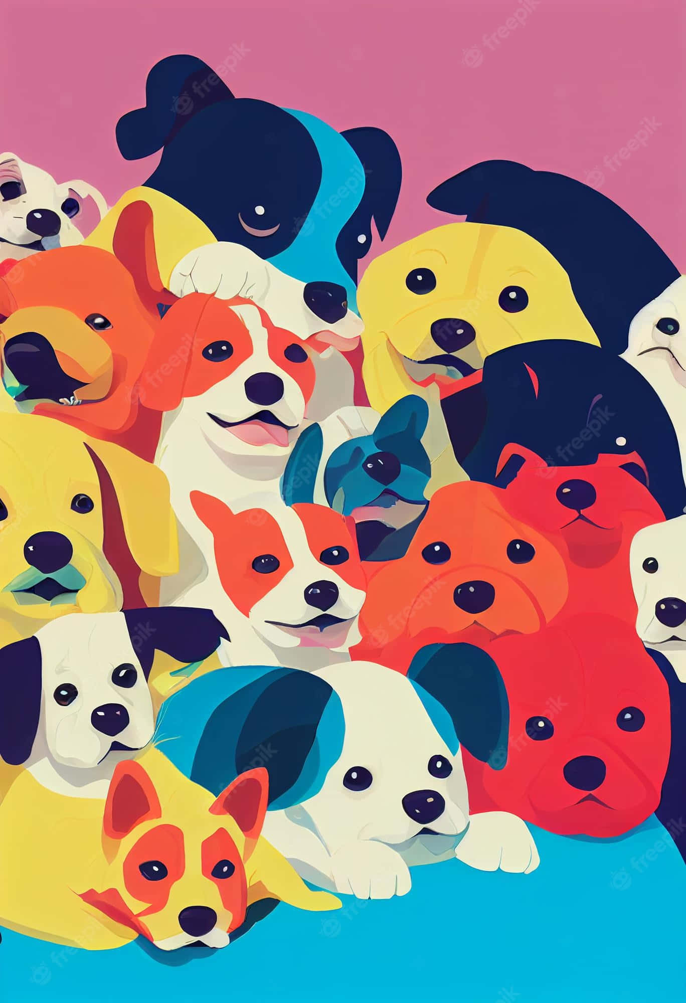 cute cartoon dog, diverse colorful dogs, playful crowded composition, Full HD Phone Wallpaper