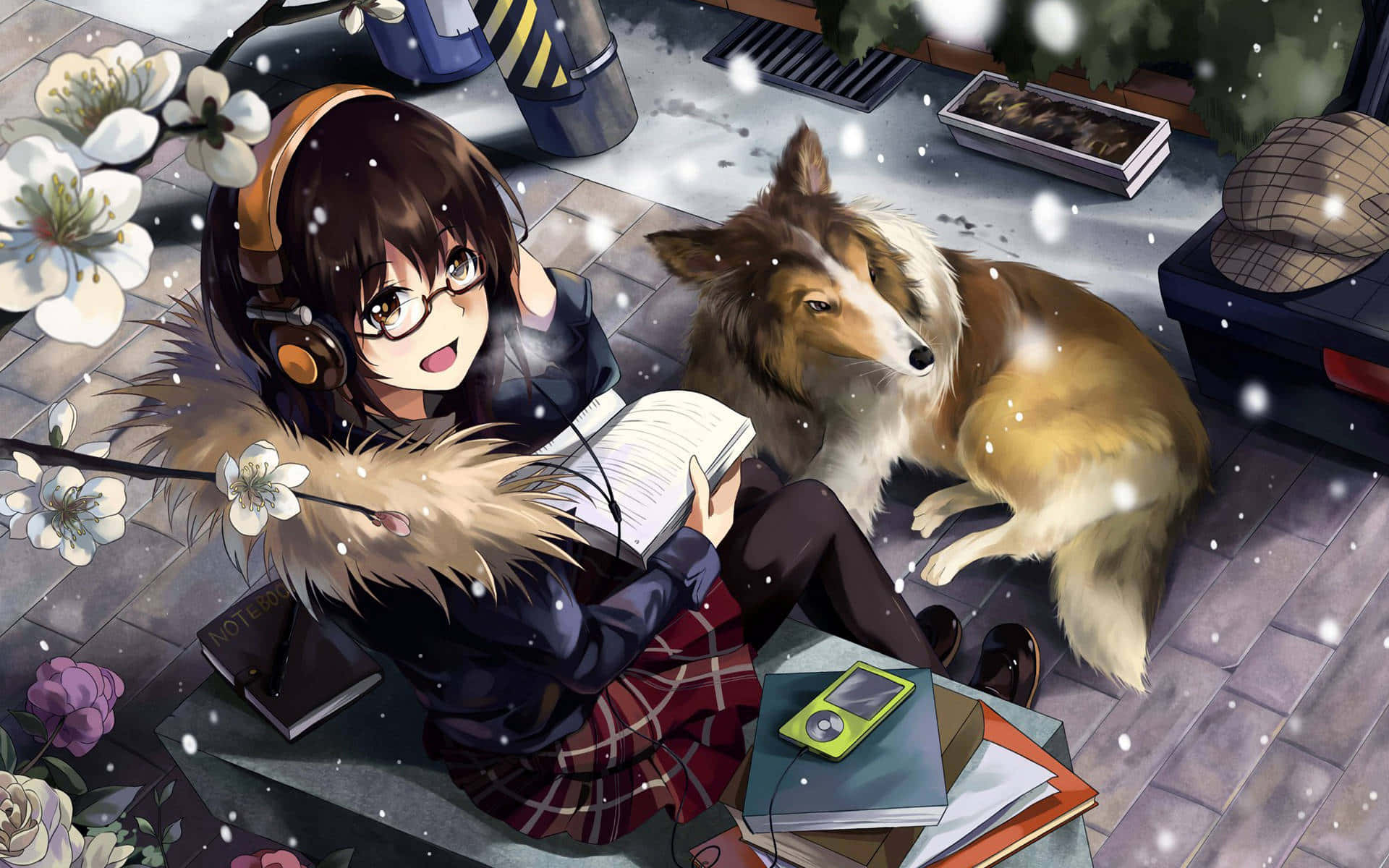 anime girl, fluffy dog, headphones, Full HD Desktop Wallpaper
