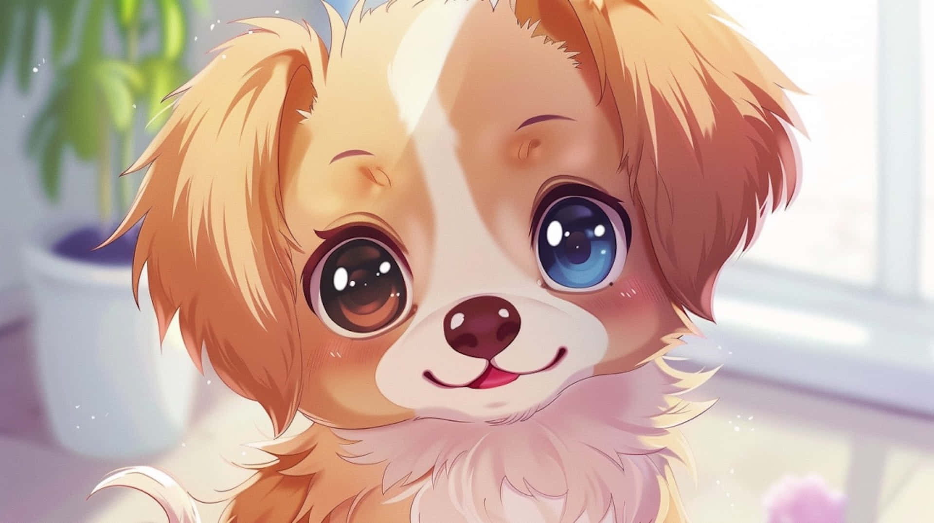 anime-style puppy, one brown and one blue eye, sunlit room, Full HD Desktop Wallpaper