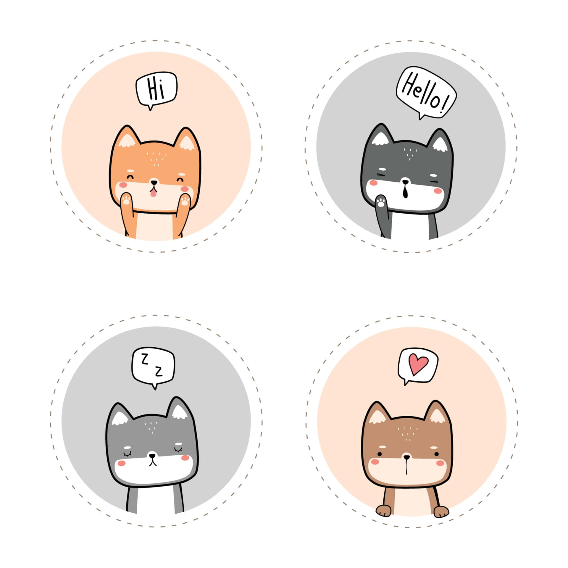 cute cartoon dog, four cute cartoon dogs, circular frames, Full HD Desktop Wallpaper
