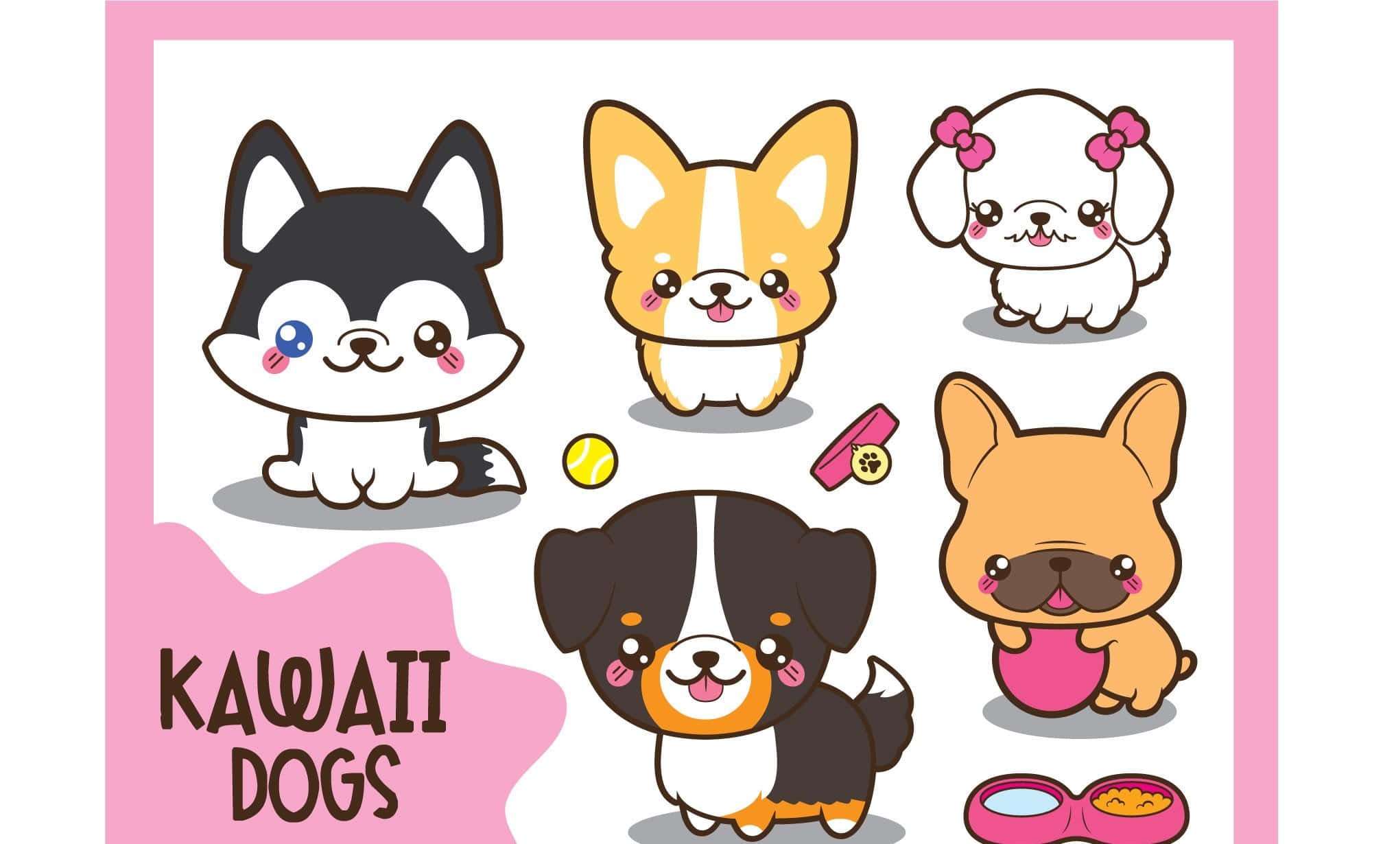 kawaii dog 2016, pink background, big eyes, Full HD Desktop Wallpaper