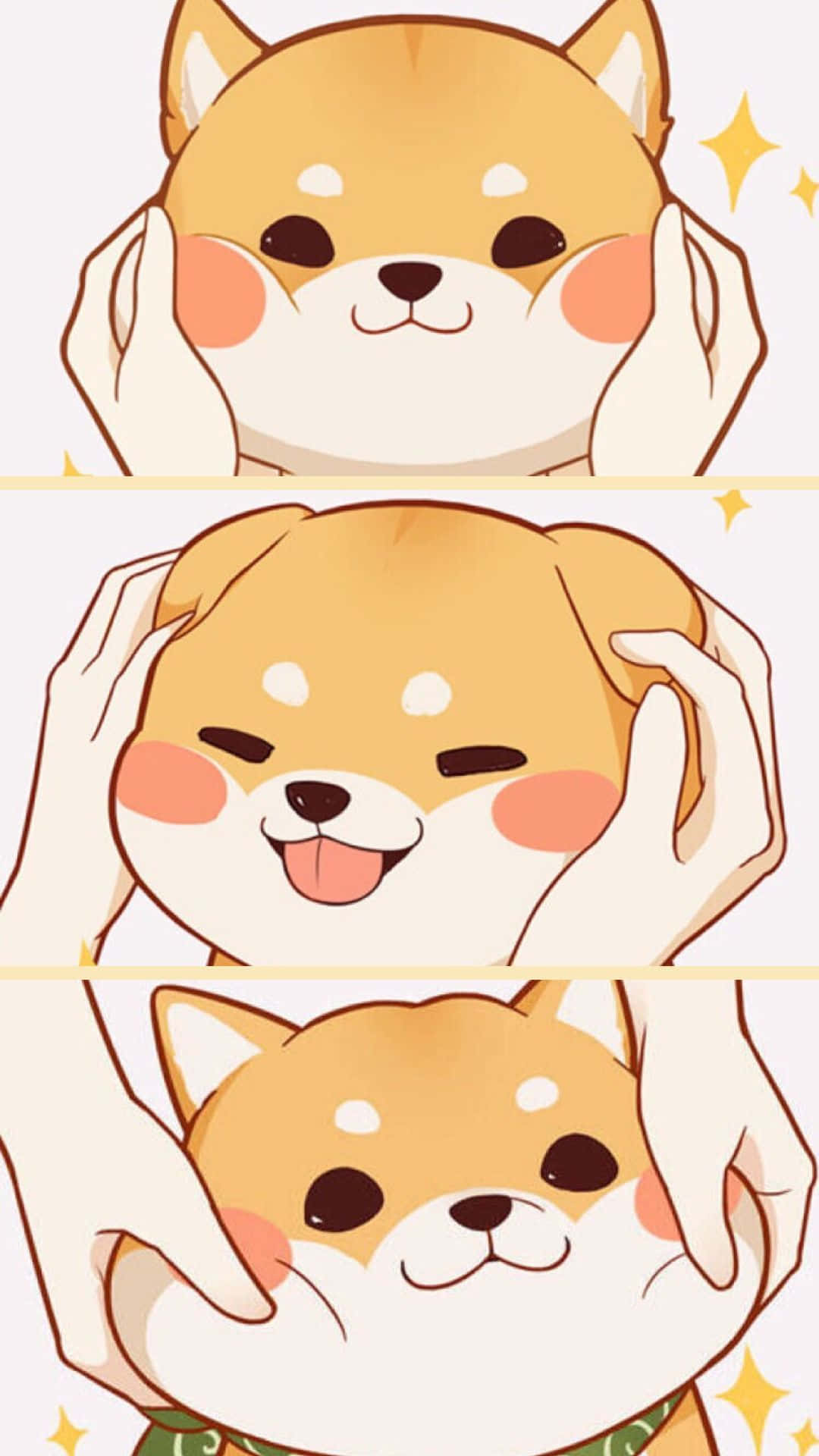 chibi shiba inu, vertical strip, hands gently holding their cheeks, Full HD Phone Wallpaper
