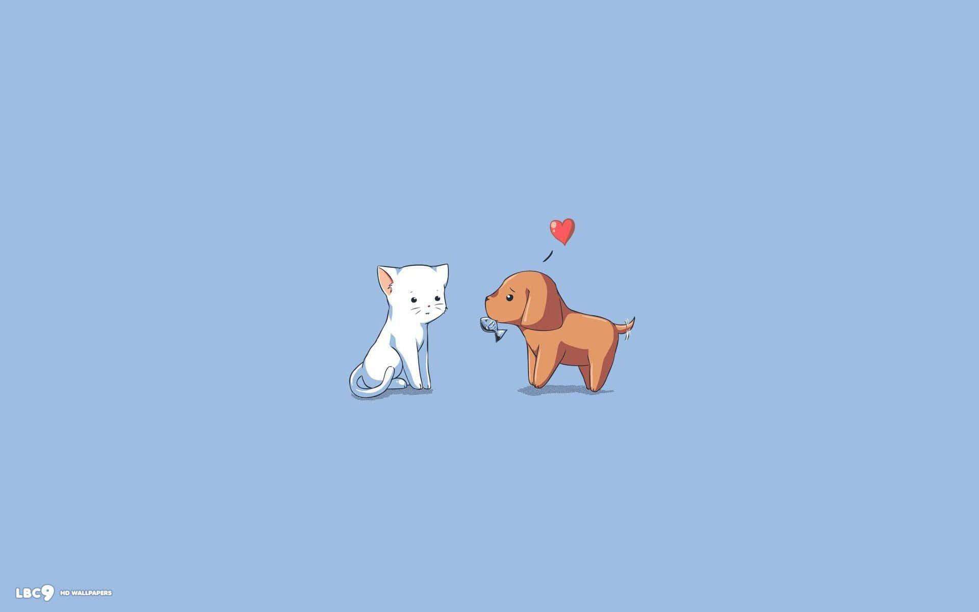 cute white kitten, brown puppy, floating red heart, Full HD Desktop Wallpaper