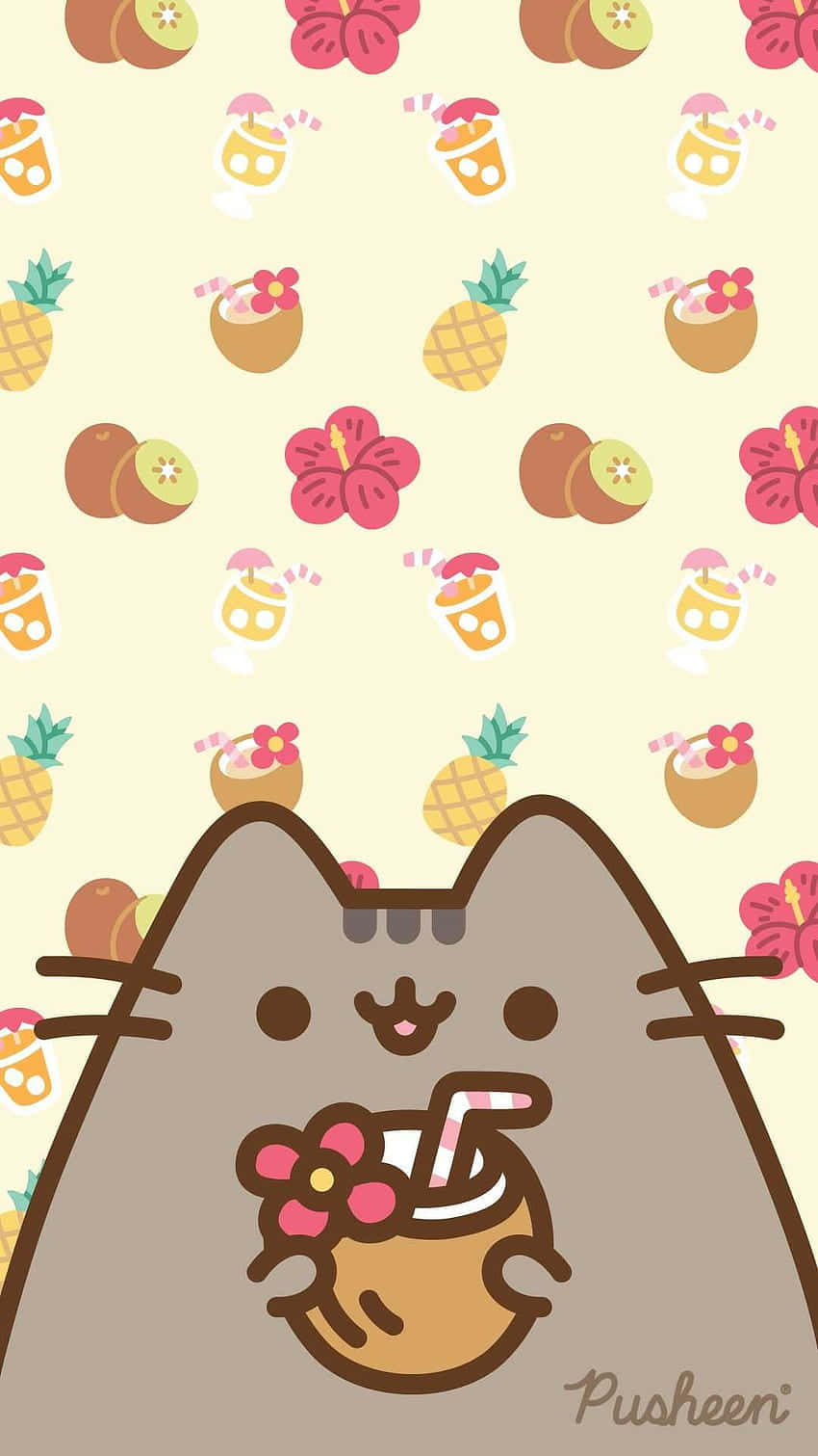 Cute Pusheen, gray cat, tropical drink, HD Phone Wallpaper