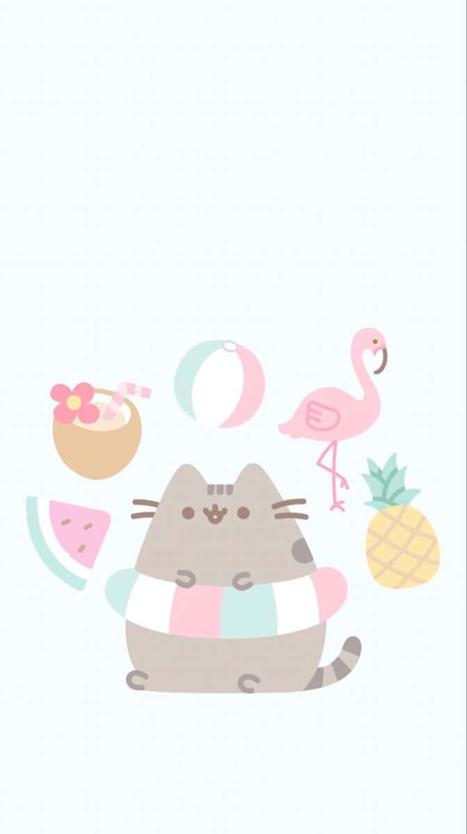 Pusheen, striped swimsuit, flamingo pineapple, SD Phone Wallpaper