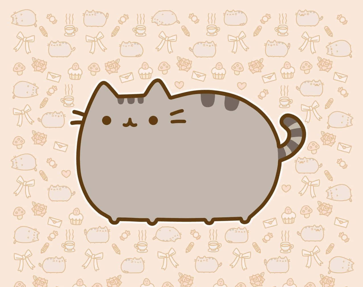 Pusheen, chubby gray cartoon cat, striped tail, SD Desktop Wallpaper