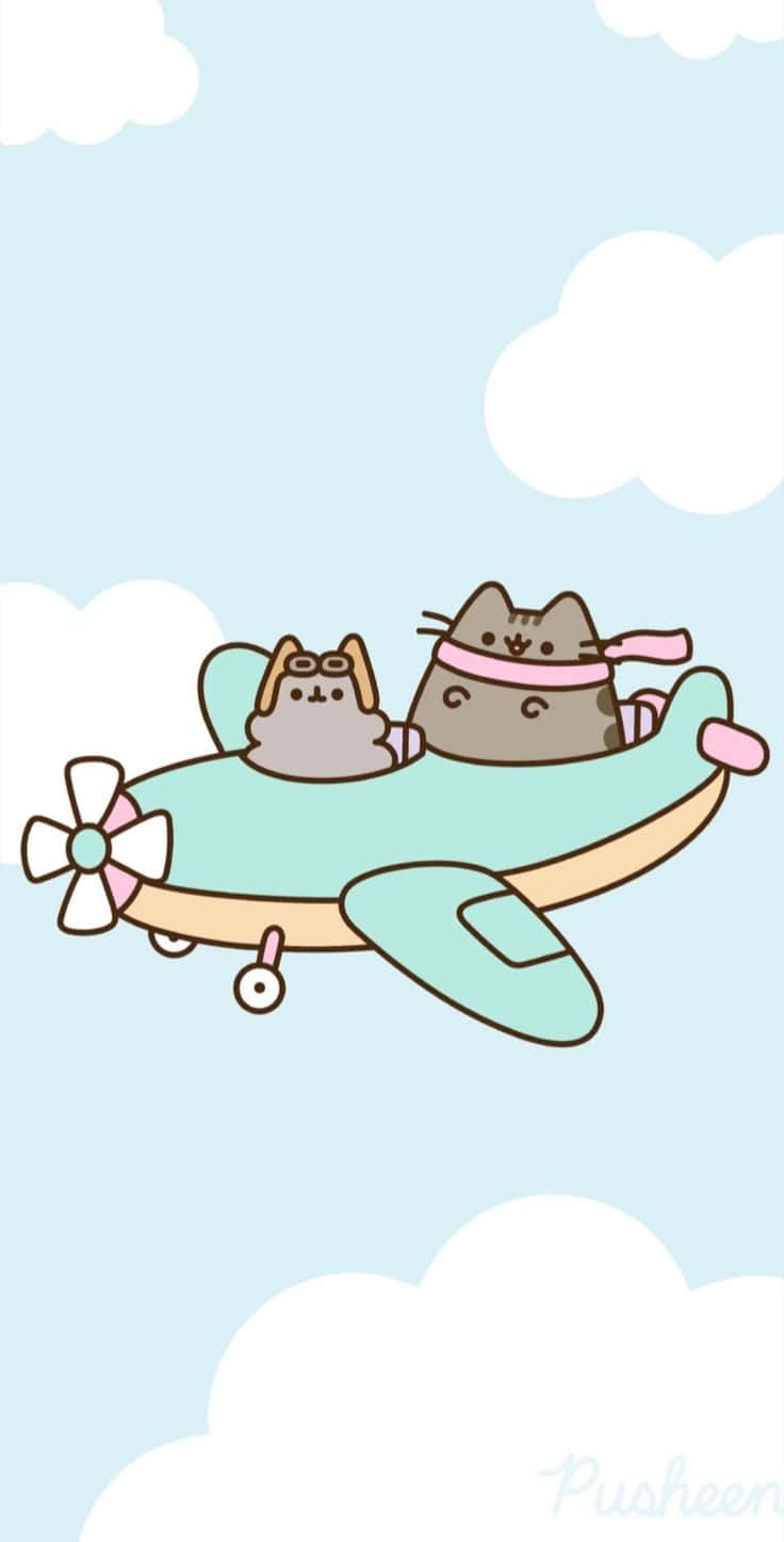 Pusheen, pastel airplane, soft blue sky, HD Phone Wallpaper