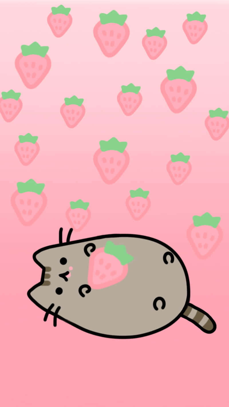 Pusheen, strawberry, pink background, HD Phone Wallpaper