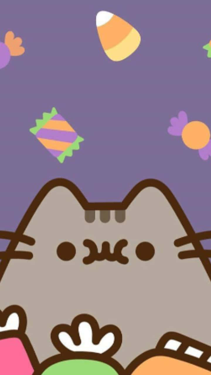 Pusheen, colorful candies, purple Halloween-themed background, HD Phone Wallpaper