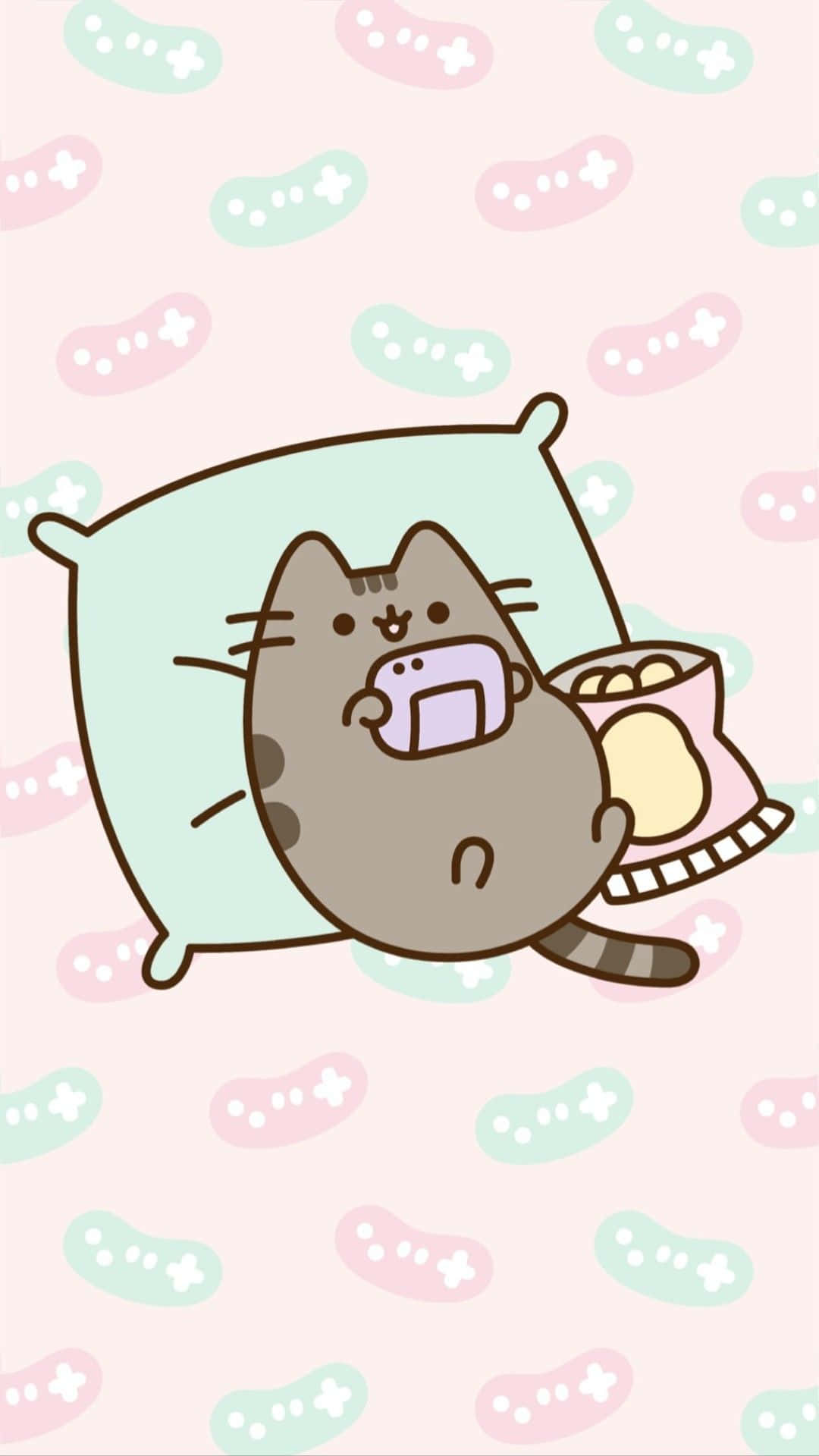 Pusheen, cartoon cat, pillow, Full HD Phone Wallpaper