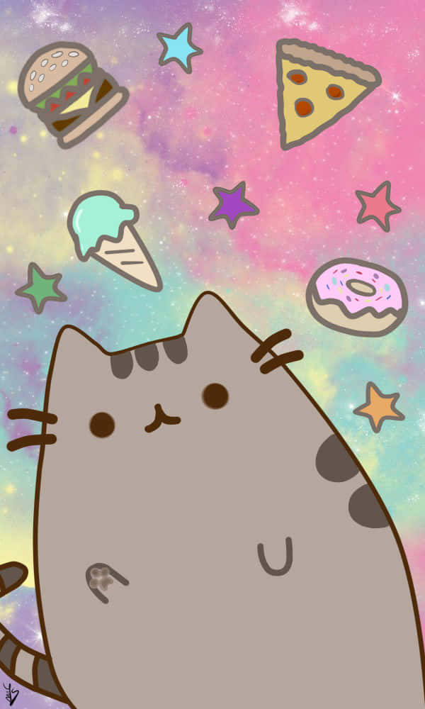 Pusheen, gray cat, floating food items, SD Phone Wallpaper