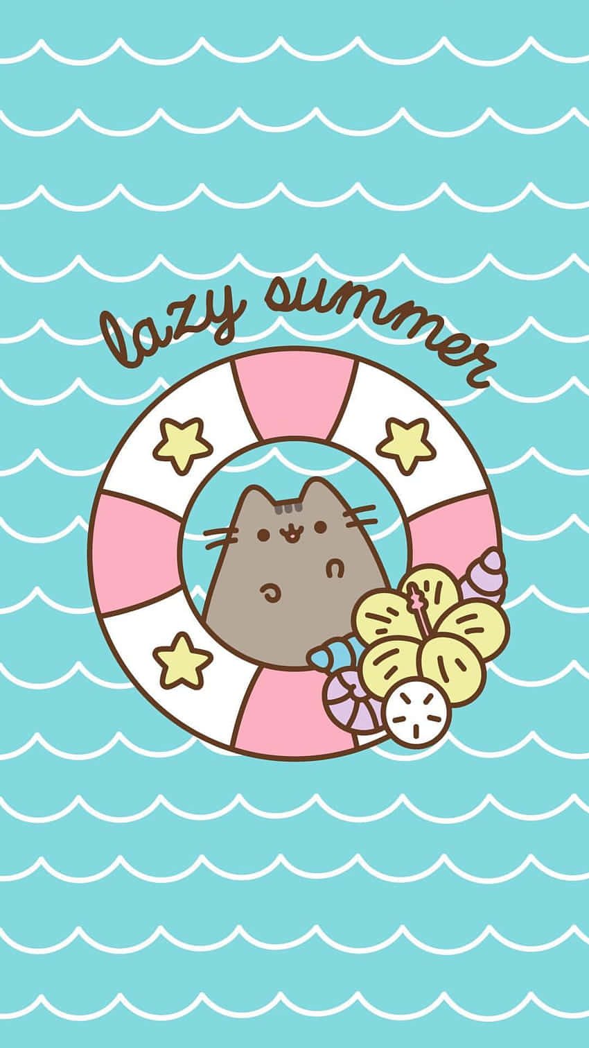 Pusheen, pink and white lifebuoy, turquoise waves, HD Phone Wallpaper