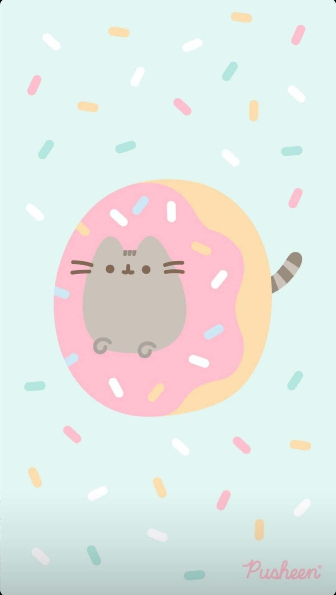 Pusheen, gray cat, pink frosted donut, HD Phone Wallpaper