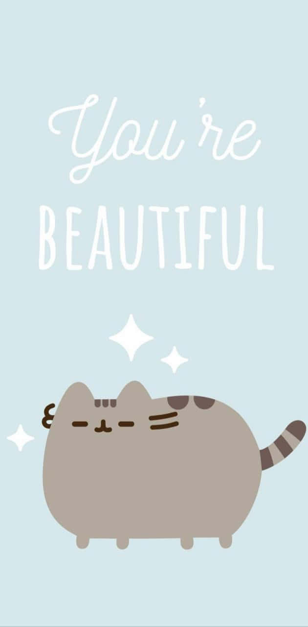 Pusheen, sparkles, soft blue background, HD Phone Wallpaper