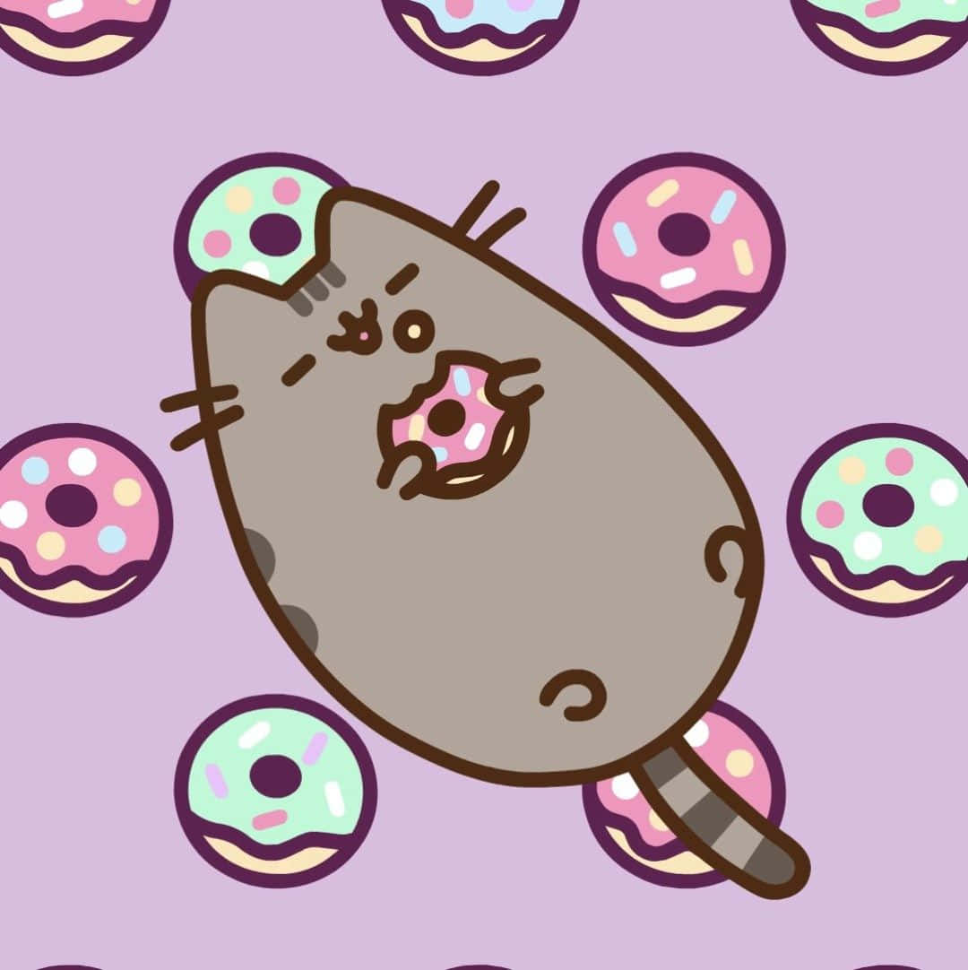 Pusheen, kawaii, pink frosted donut, SD Phone Wallpaper