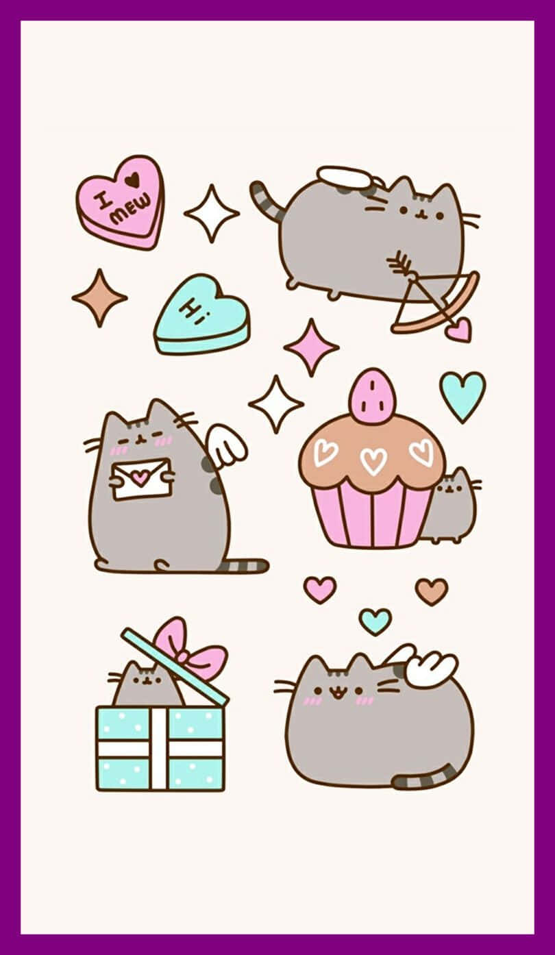 Pusheen, Valentine's themed poses, hearts, HD Phone Wallpaper