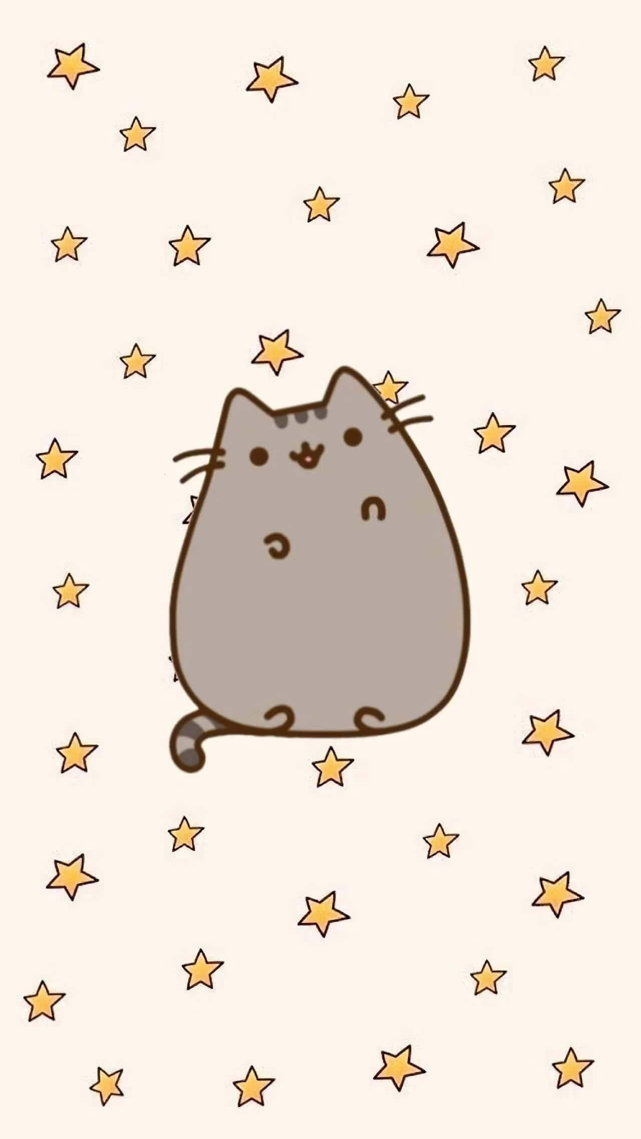 Pusheen, gray cartoon cat, golden stars, Full HD Phone Wallpaper